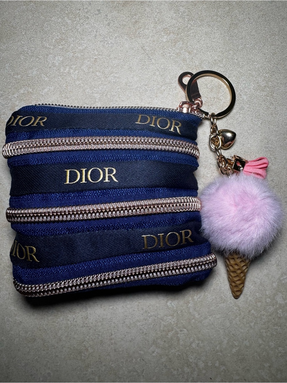 Dior Cosmetics Navy and Pink Zip Pouch Keychain with Pom Pom Ice Cream Charm